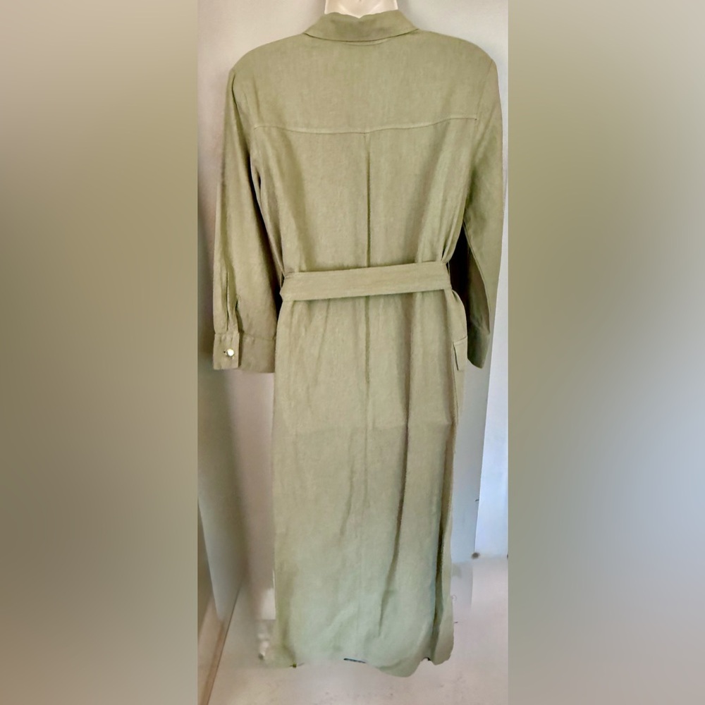 Zara S 4-6 Khaki Green Maxi Shirt Dress Linen Blend Military Utility Pockets - Picture 4 of 4